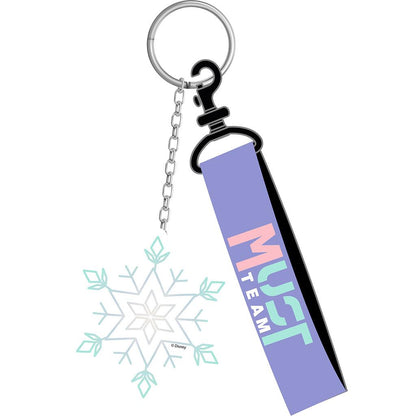 Preschool backpack keychain strap with purple MUT TEAM tag and snowflake charm