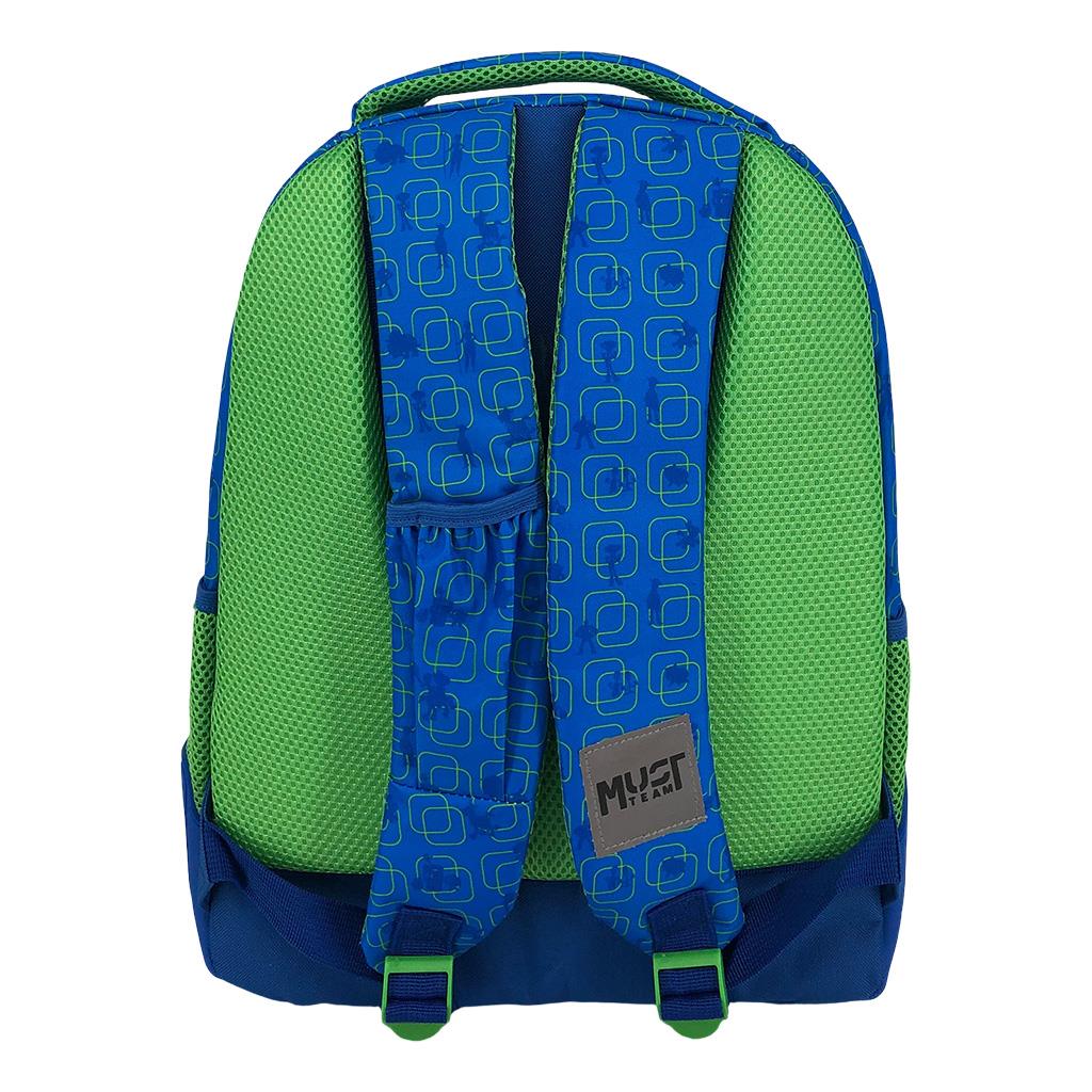 Blue and green primary school backpack with two padded back straps and Must Team logo
