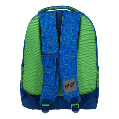 Blue and green primary school backpack with two padded back straps and Must Team logo