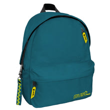 Teal backpack with front zip pocket, side tabs, and logo patch