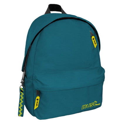 Teal backpack with front zip pocket, side tabs, and logo patch