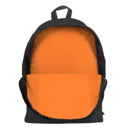 Black backpack with orange interior lining, top handle, and two shoulder straps