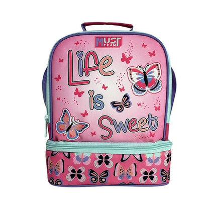 Pink insulated lunch bag with two zip compartments, butterfly and “Life is Sweet” design