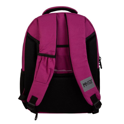 Teen backpack bright pink with black mesh side panels and front straps