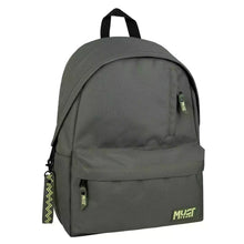 Dark olive backpack with front zipper pocket, top handle, and Must Team logo patch