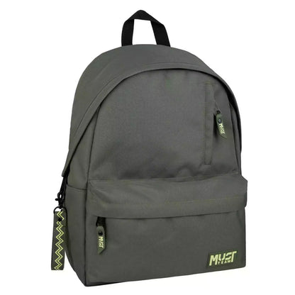 Dark olive backpack with front zipper pocket, top handle, and Must Team logo patch