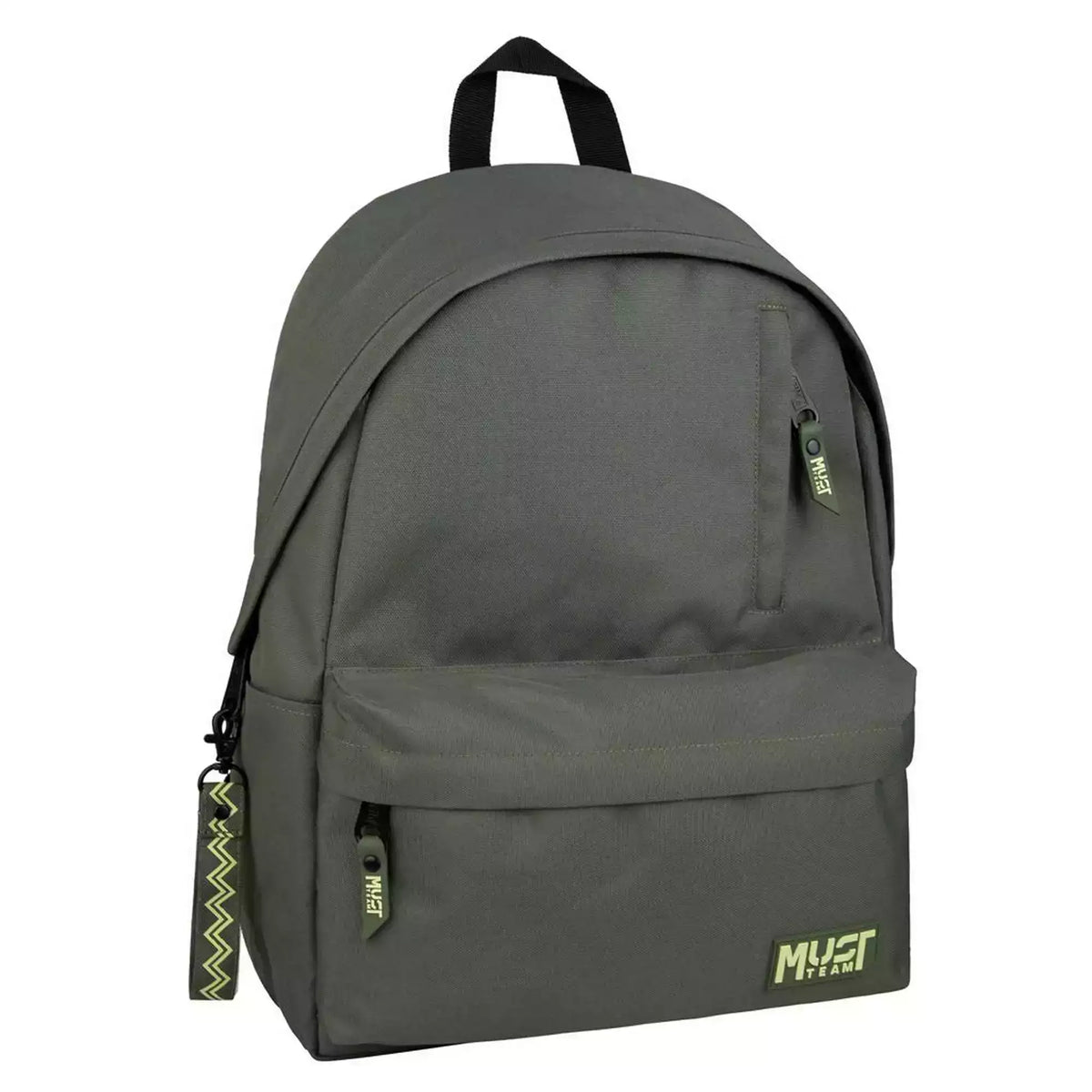 Olive gray mini backpack with front zipper pocket, top handle, and side keychain charm