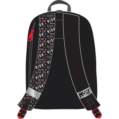 Black backpack with graphic front panel, adjustable shoulder straps, and top handle