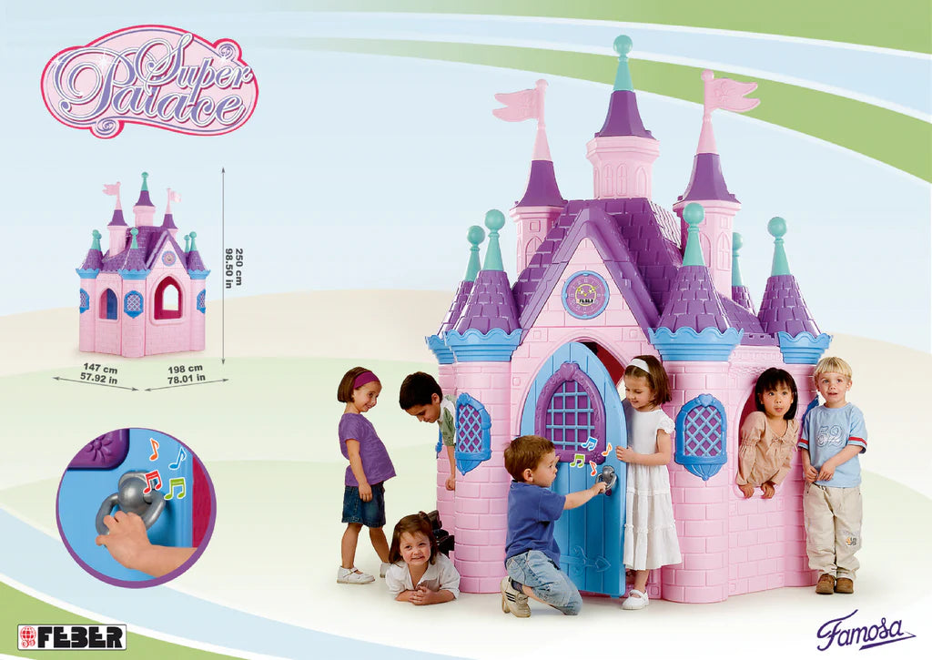 Pink, purple and blue toy palace castle with green turrets and arched doorways