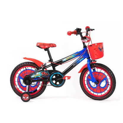 16-inch Spider-Man bicycle with blue red frame, training wheels and front basket