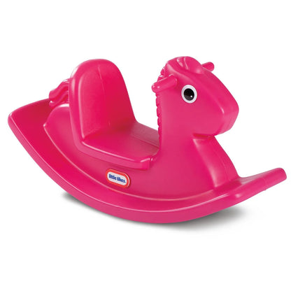 Magenta plastic rocking horse toy with rounded saddle and large white eye