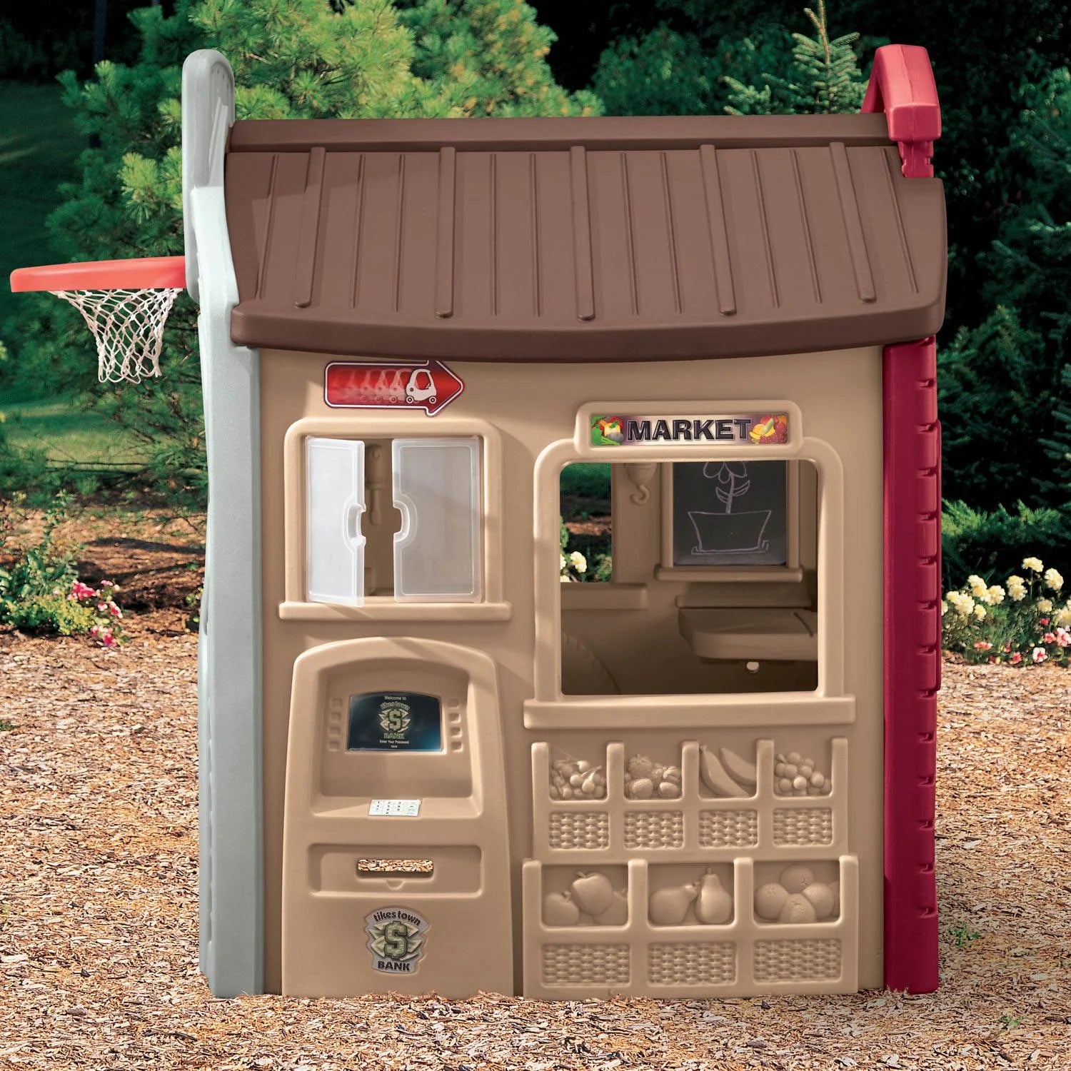 Children's red and tan playhouse playset with market window and basketball hoop