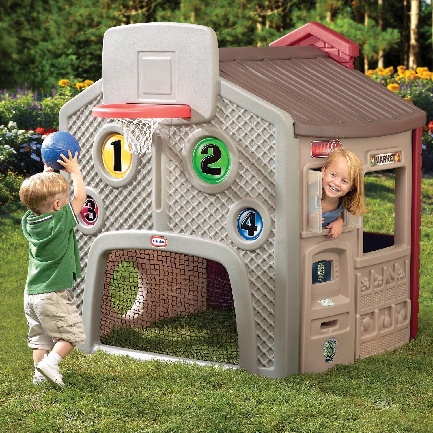 Children's red and tan playhouse playset with numbered doors and basketball net