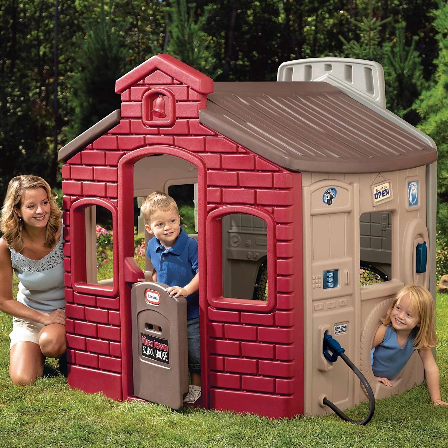 Children's red and tan playhouse playset with open window and side faucet