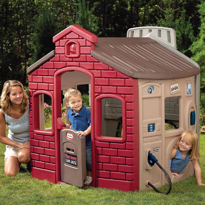 Children's red and tan playhouse playset with open window and side faucet