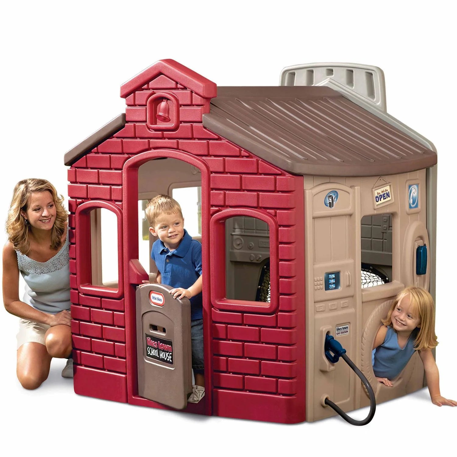 Children's red and tan playhouse playset with open doorway and side panel