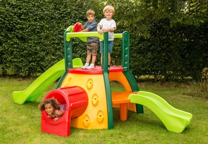 Double-decker play slide climber with green ladder frame, lime slides, red tunnel