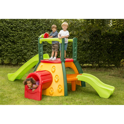 Play slide climber with lime slide, yellow base, orange steps, and red rolling tunnel