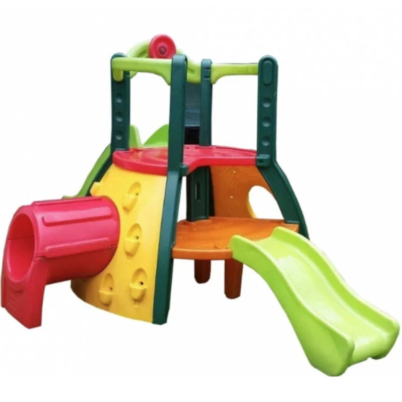 Multi-level play slide climber with green top frame, red tunnel, yellow platform, lime slide