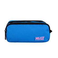Blue two-compartment barrel pencil case with pink and gray logo patch