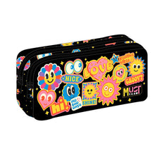 Kids pencil case, black with colorful cartoon patches and double zippers