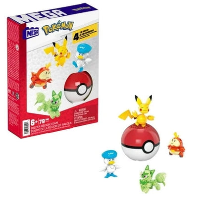 MEGA Pokemon Action Figure Building Toys for Kids The 79-Piece Paldea Region Team Pikachu Fuecoco Sprigatito and Quaxly and 1 Pokemon Ball HPX92