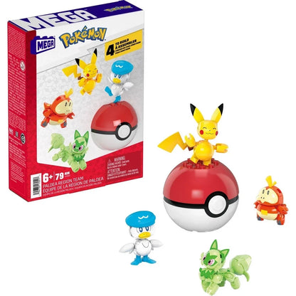 MEGA Pokemon Action Figure Building Toys for Kids The 79-Piece Paldea Region Team Pikachu Fuecoco Sprigatito and Quaxly and 1 Pokemon Ball HPX92