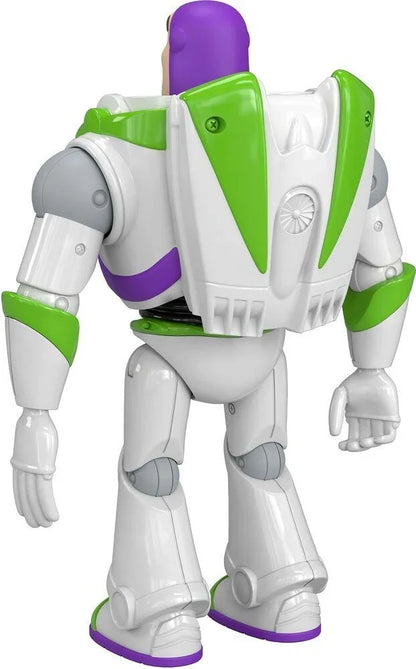 Buzz Lightyear action figure from side with purple helmet and green panel details
