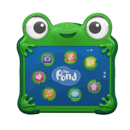 Green lily pad talking figure with large eyes and blue interactive screen with colorful icons