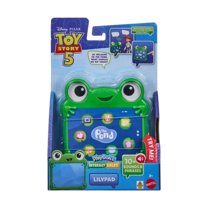 Toy Story lily pad talking figure on retail card, green frog face and blue interactive screen