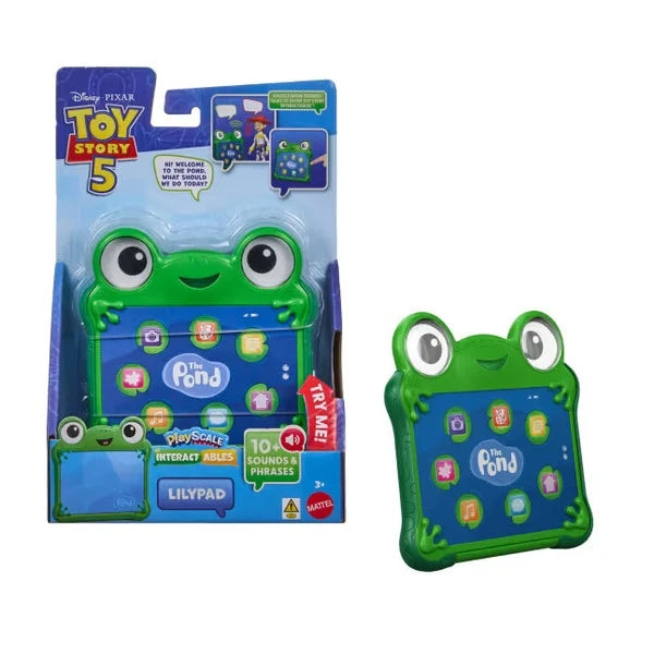 Toy Story lily pad talking figure with green frog face and blue icon screen, in blister pack
