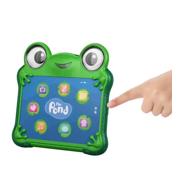 Green lily pad talking figure with big eyes; finger points at the blue icon screen