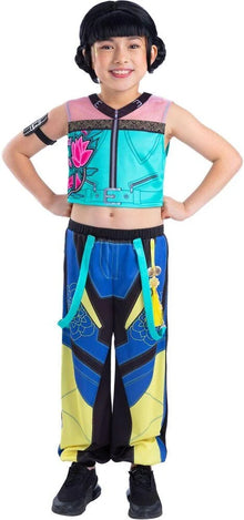 Kids K-pop demon hunter costume: teal crop top with pink trim and colorful panel pants