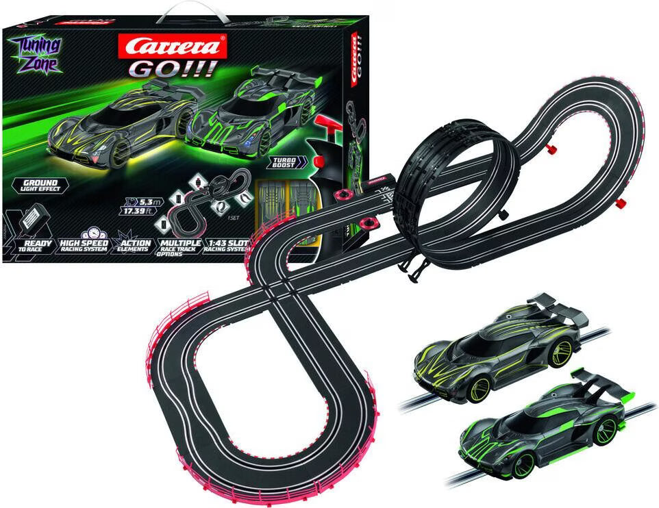 Tuning Zone Rennstrecken-Set mit schwarzer Schiene und zwei grünen Sportwagen