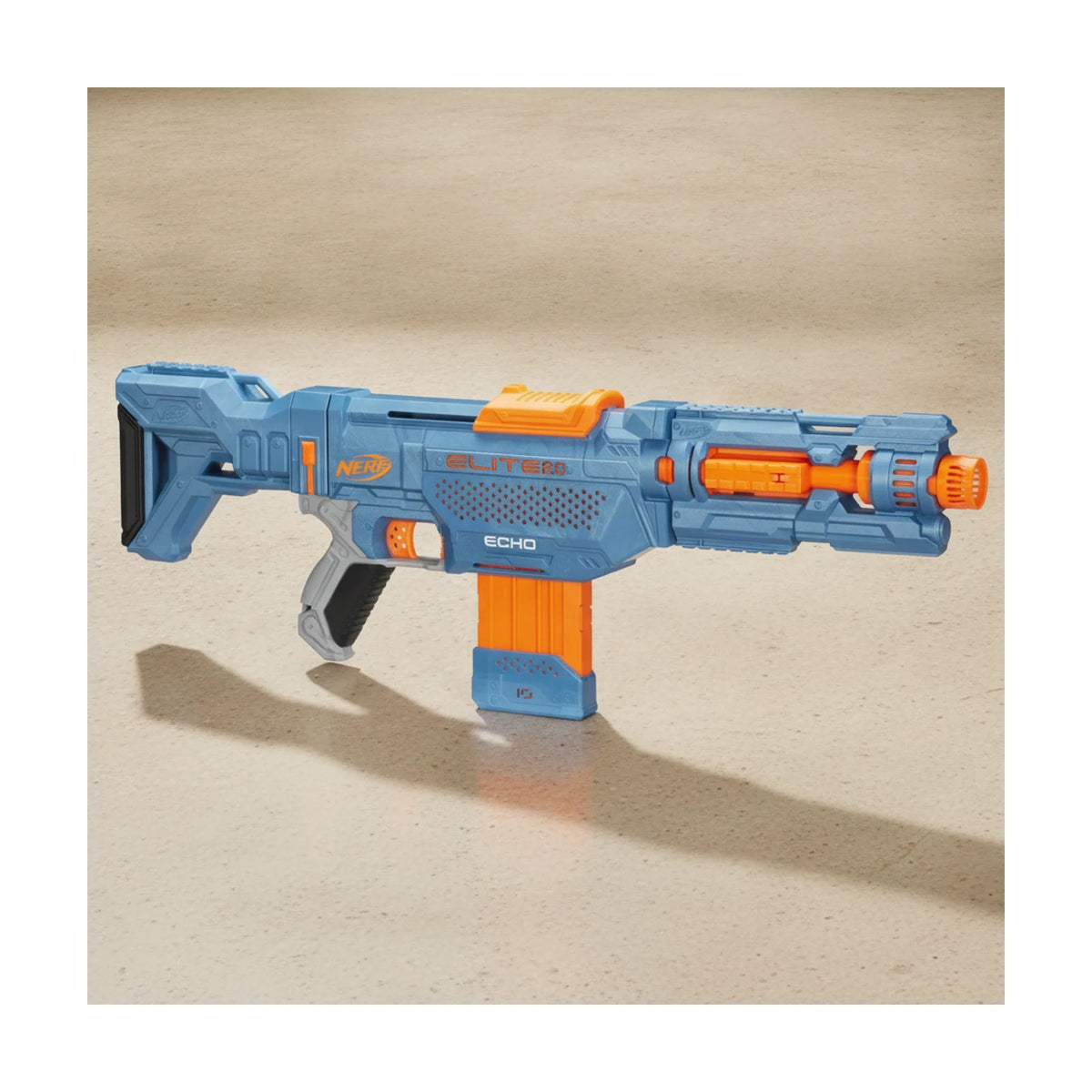 Blue Nerf Elite 2.0 Echo CS-10 blaster with orange barrel detail