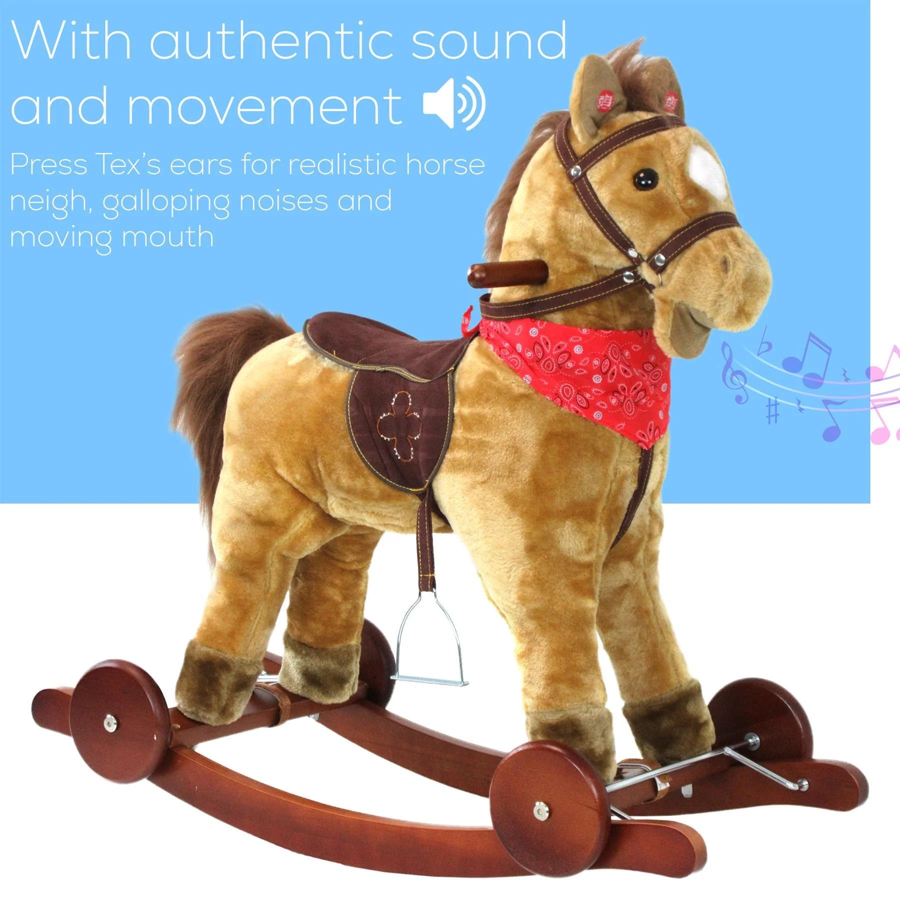 Brown plush rocking horse on arched wooden rockers with red bandana and reins