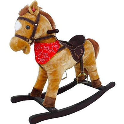 Brown plush rocking horse with red bandana, moving mouth and padded reins