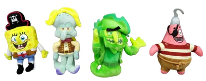 Four glow-in-the-dark pirate plush figures: SpongeBob, red-striped, pale, and green alligator