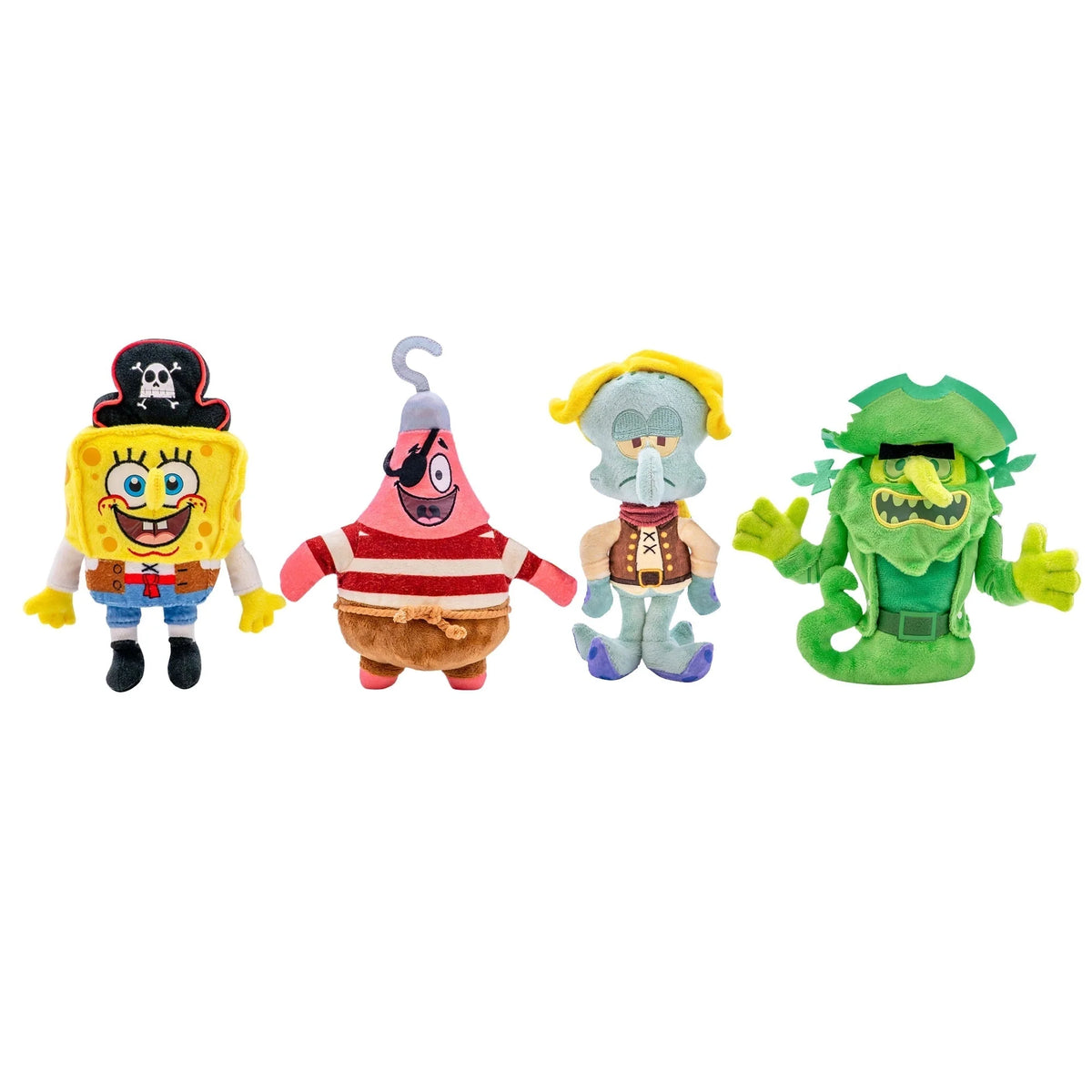 Assorted glow plush figures: SpongeBob, red-striped pirate, pale character, green alligator