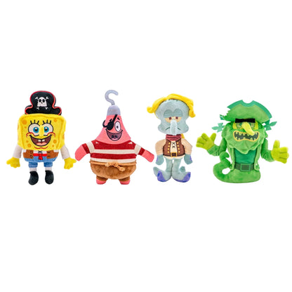 Assorted glow plush figures: SpongeBob, red-striped pirate, pale character, green alligator