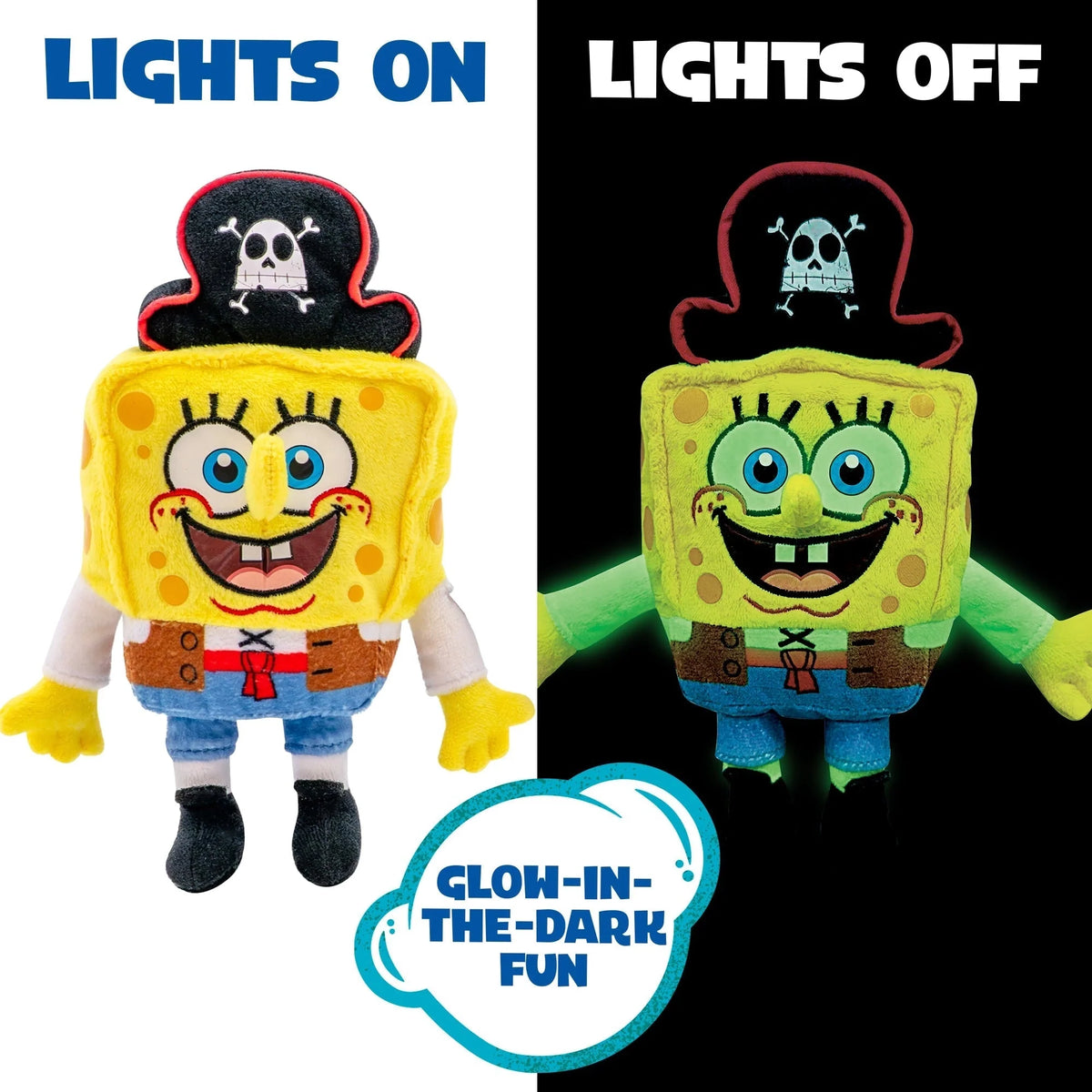 Glow-in-the-dark pirate SpongeBob plush, lights on and off shown