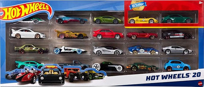 Hot Wheels 20-pack toy car gift box with multiple cars on display in inner trays