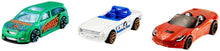 Three 1:64 Hot Wheels toy cars: green, white/blue, and orange sport cars.