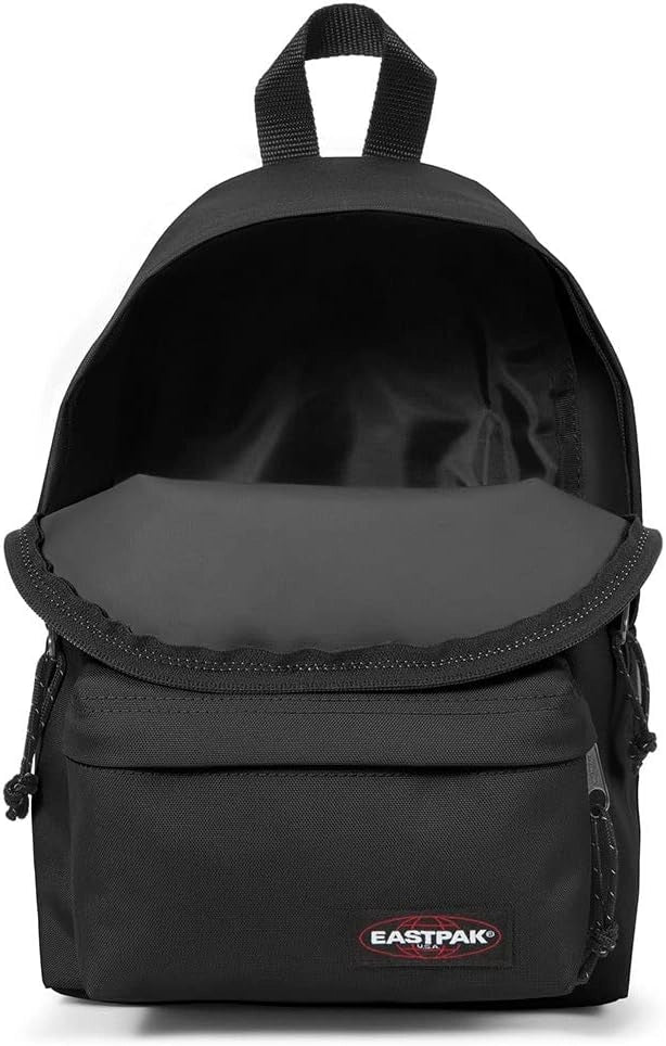Eastpak Orbit XS black mini backpack open top view, front pocket and zipper detail