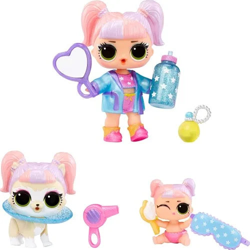 Surprise fairy doll figure with pink hair, blue outfit, holding heart-shaped accessory
