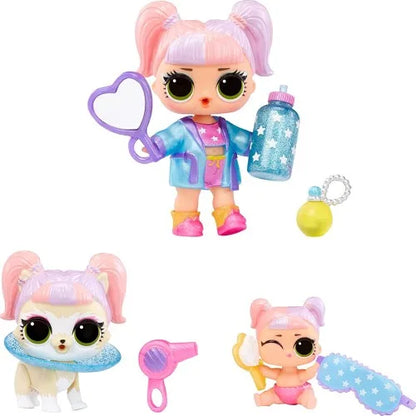 Surprise fairy doll figure with pink hair, blue outfit, holding heart-shaped accessory