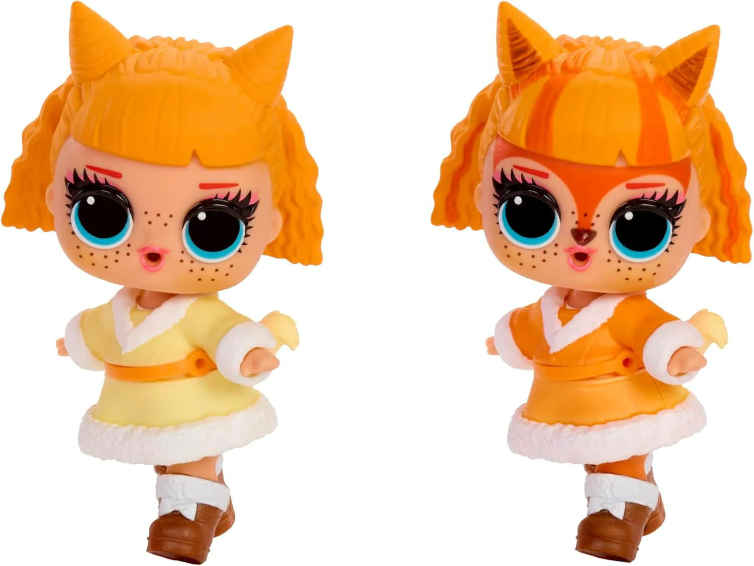 Eye Spy Tots orange cat-themed doll with white skirt and brown boots