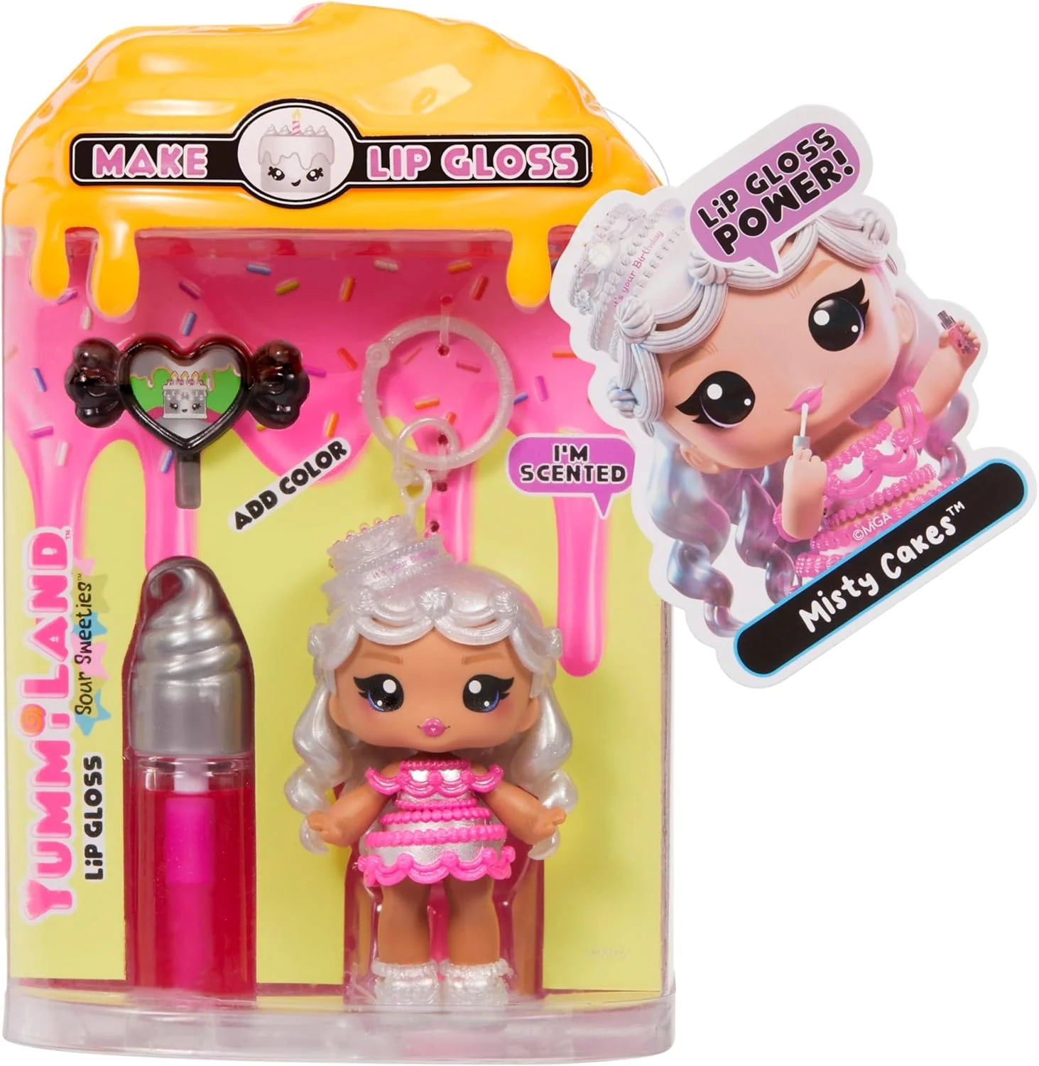 Verpacktes Lipgloss-Set mit Lipglossfläschchen und Lipgloss-Puppe im rosa Kleid