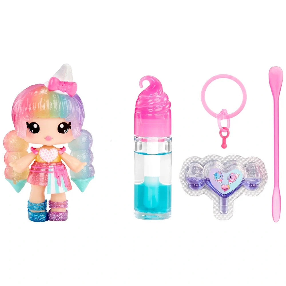 Mini lip gloss bottle, doll figure, heart charm and pink applicator wand