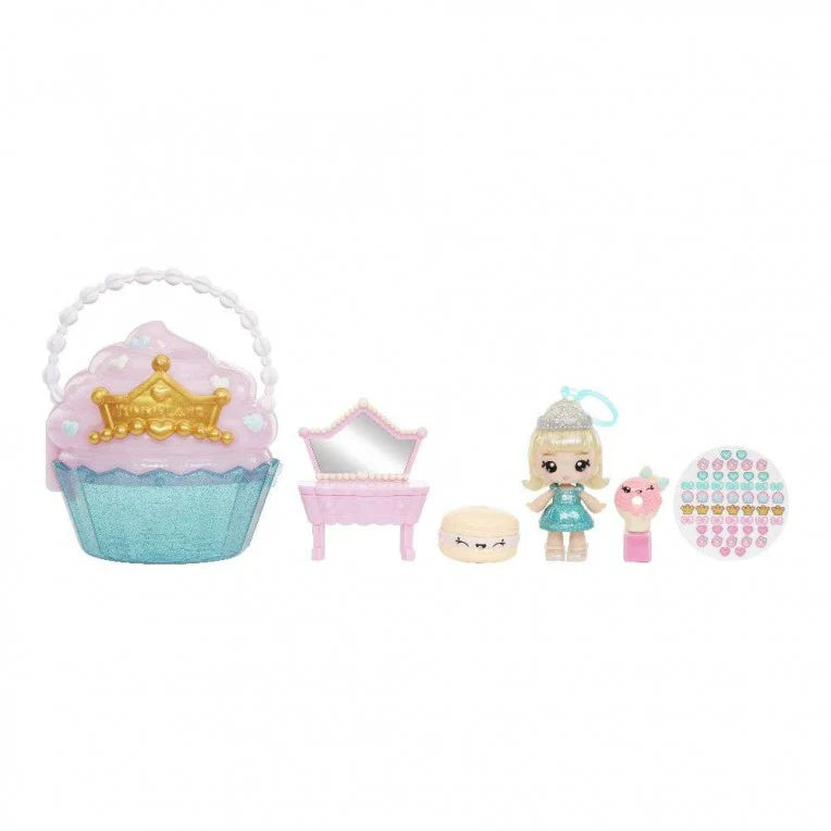 Cupcake Beauty Bag playset with doll: teal bag, pink vanity, lip gloss and compact toys